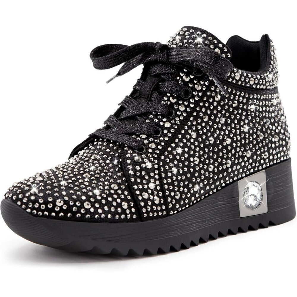 Women's Black Glitter Trendy Sequin Rhinestone High Top Sneakers Wedge Shoes - Picture 1 of 5